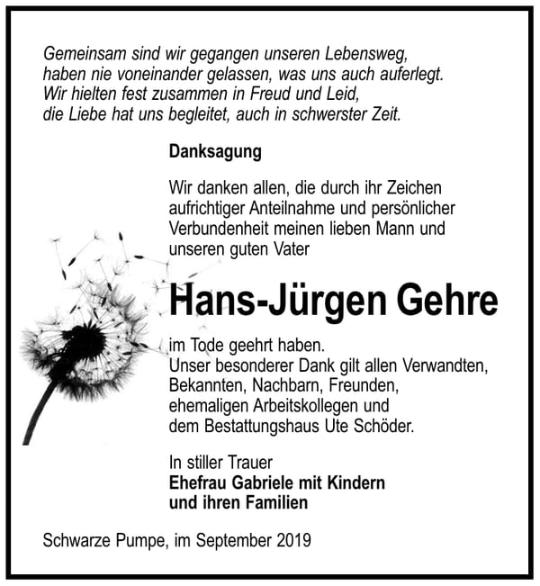 Danksagung Hans-Jürgen Gehre