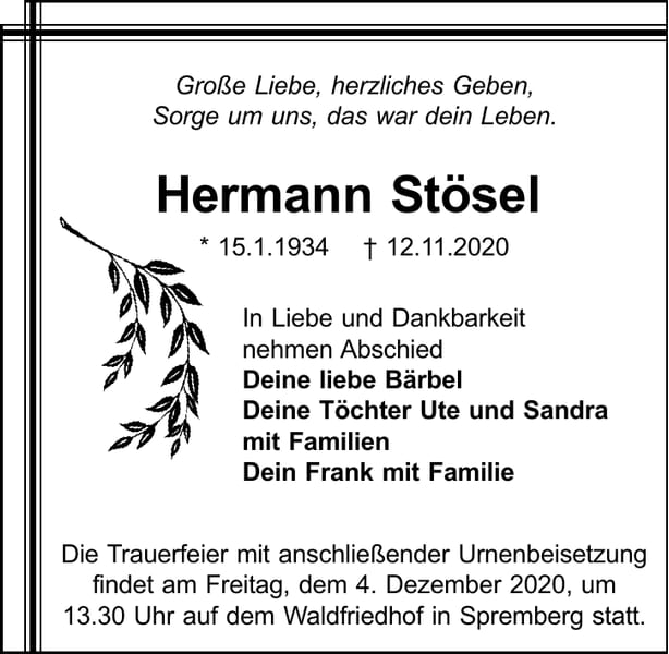 Traueranzeige Hermann Stösel