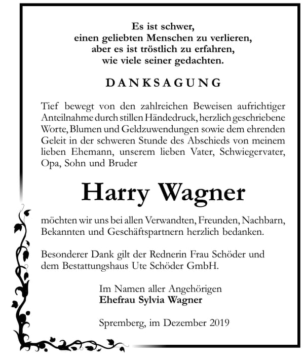 Danksagung Harry Wagner