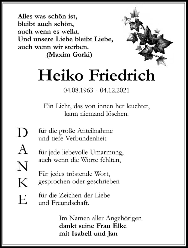 Traueranzeige Heiko Friedrich
