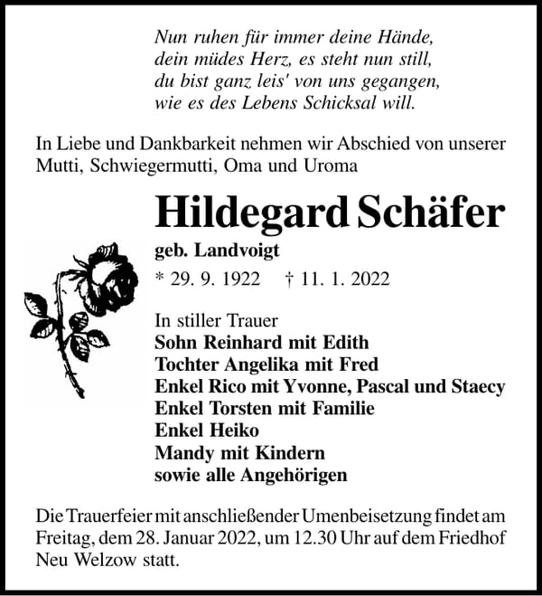 Traueranzeige Hildegard Schäfer, geb. Landvoigt