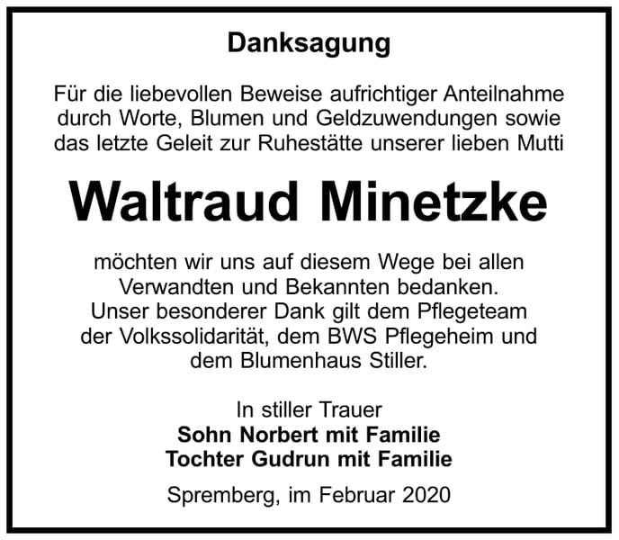 Danksagung Waltraud Minetzke