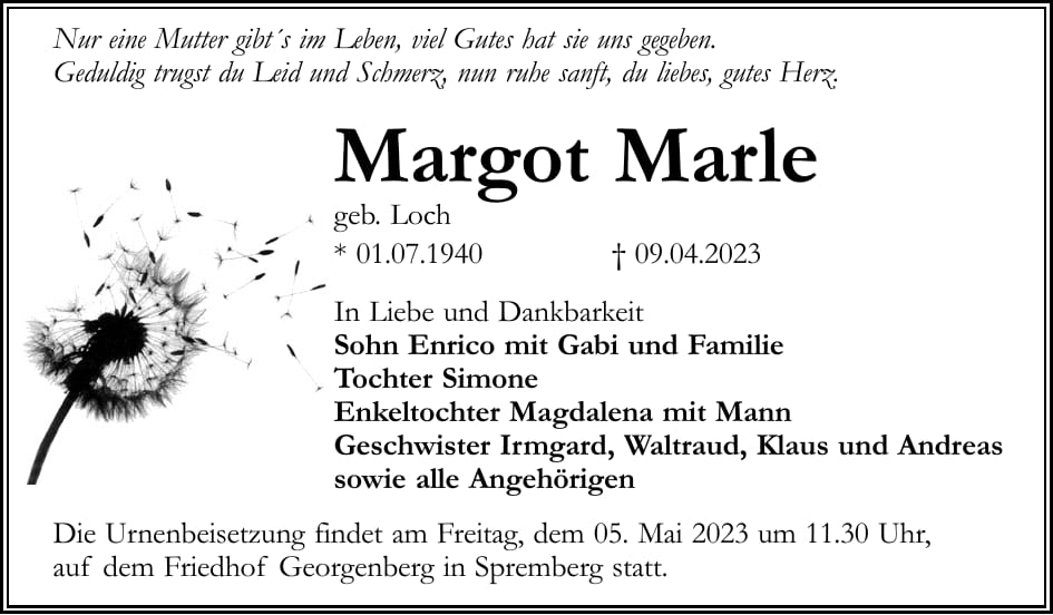 Traueranzeige Margot Marle, geb. Loch
