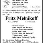 Traueranzeige Fritz Melnikoff