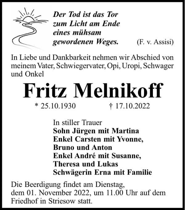 Traueranzeige Fritz Melnikoff