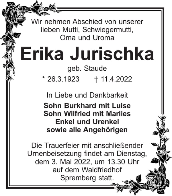 Traueranzeige Erika Jurischka, geb. Staude