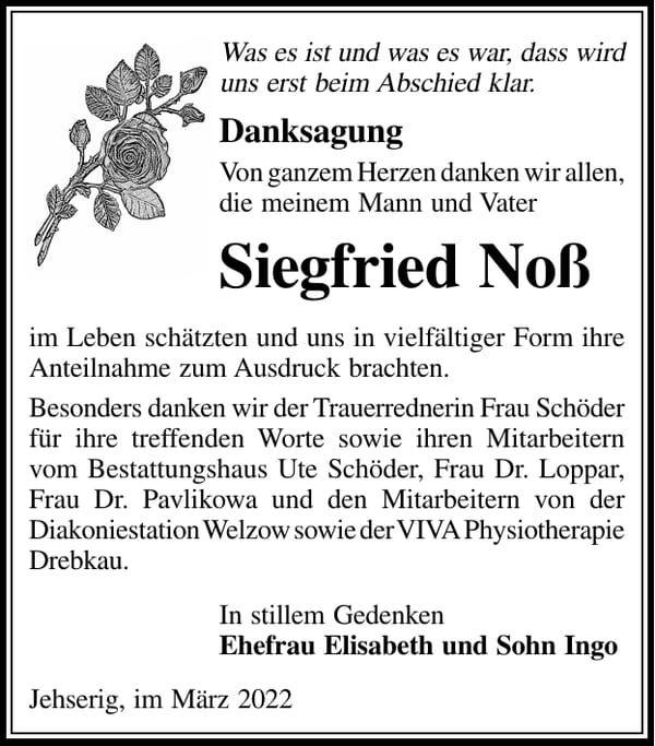 Danksagung Siegfried Noß