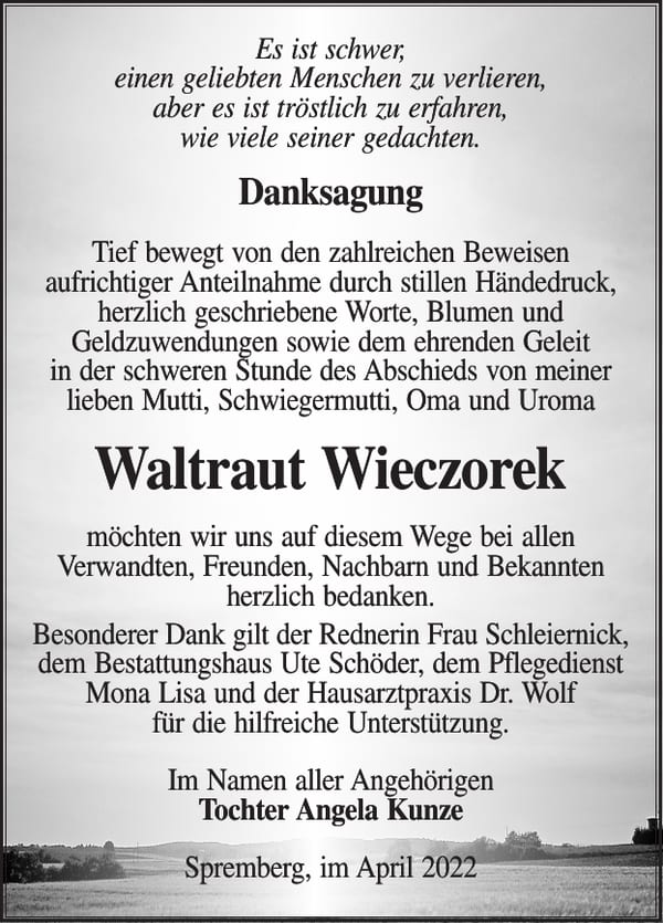 Danksagung Waltraut Wieczorek
