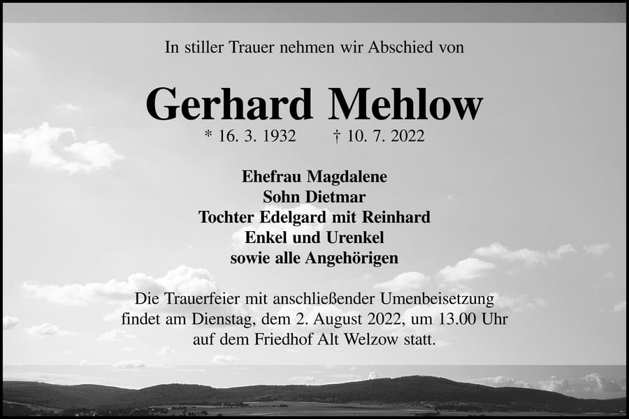 Traueranzeige Gerhard Mehlow
