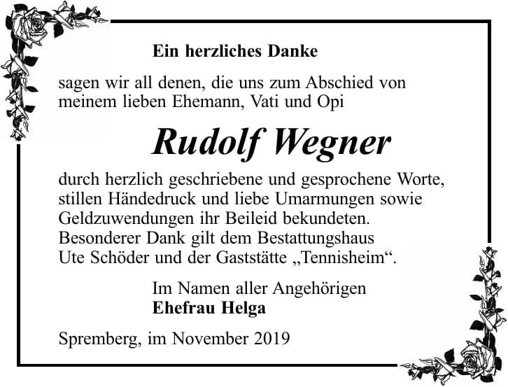 Danksagung Rudolf Wegner