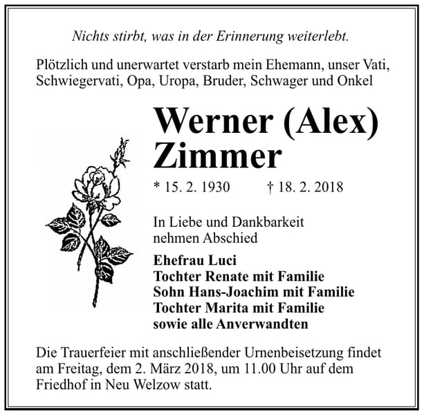 Traueranzeige Werner (Alex) Zimmer