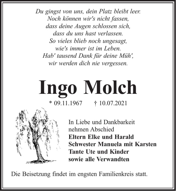 Traueranzeige Ingo Molch