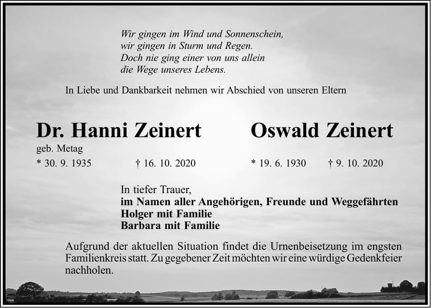 Traueranzeige Dr. Hanni Zeinert, geb. Metag