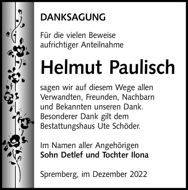 Danksagung Helmut Paulisch