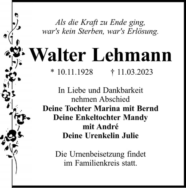 Traueranzeige Walter Lehmann