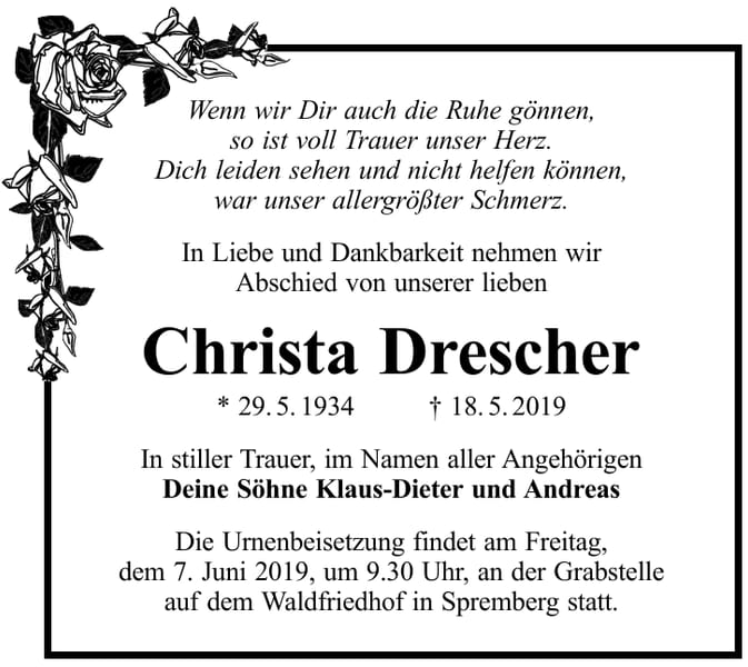 Traueranzeige Christa Drescher