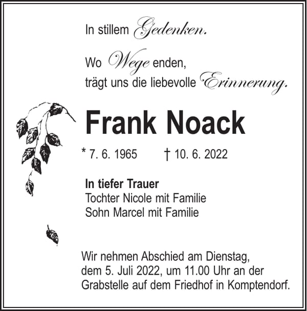 Traueranzeige Frank Noack