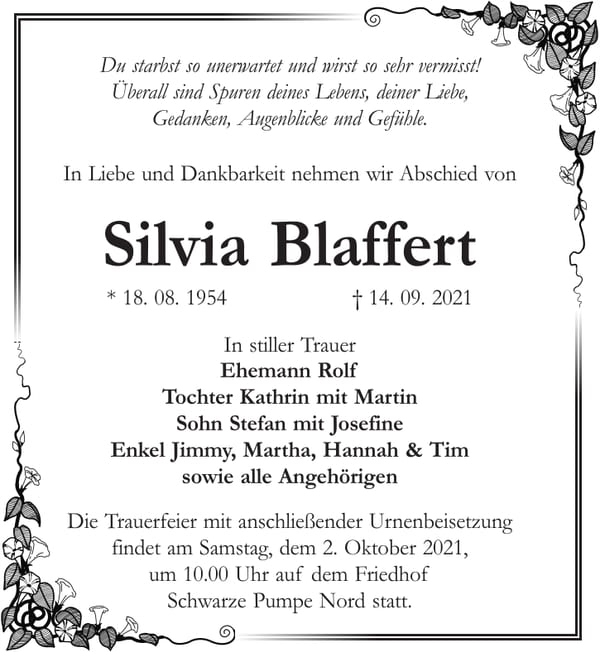 Traueranzeige Silvia Blaffert