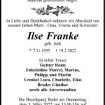 Traueranzeige Ilse Franke, geb. Jurk