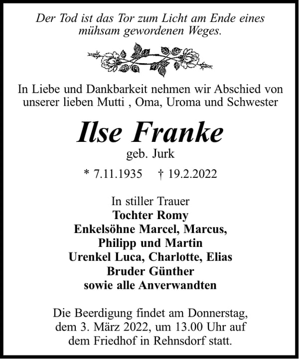 Traueranzeige Ilse Franke, geb. Jurk