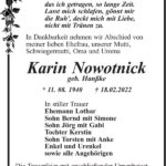 Traueranzeige Karin Nowotnick, geb. Hanßke