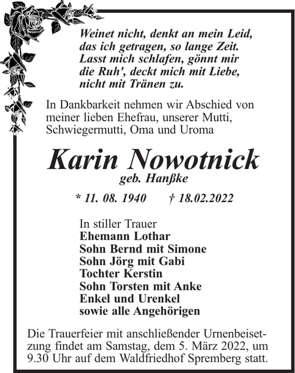 Traueranzeige Karin Nowotnick, geb. Hanßke