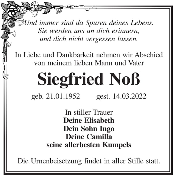 Traueranzeige Siegfried Noß