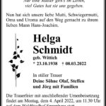 Traueranzeige Helga Schmidt, geb. Wittich