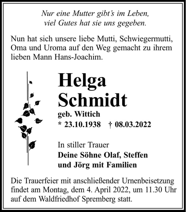 Traueranzeige Helga Schmidt, geb. Wittich