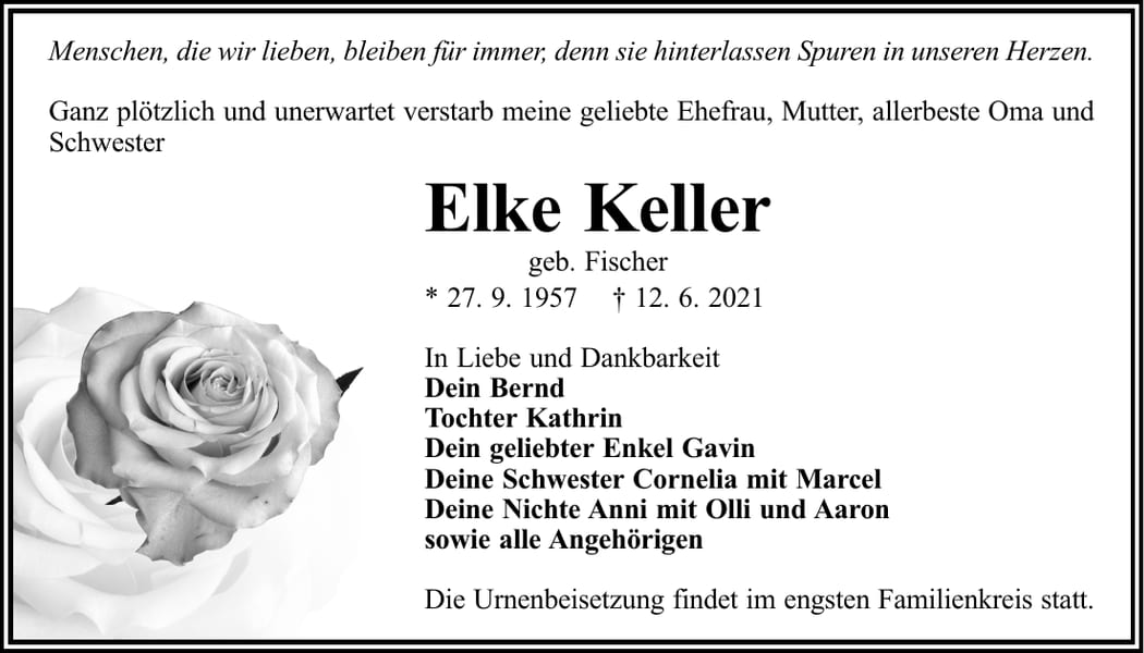 Traueranzeige Elke Keller, geb. Fischer