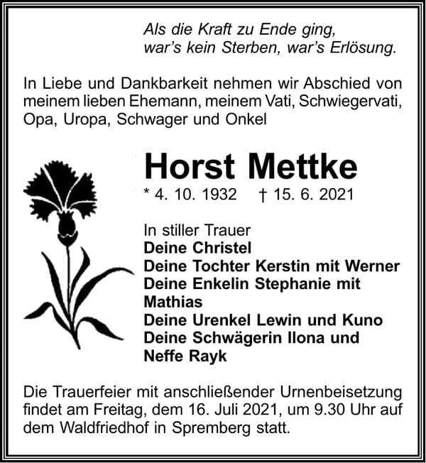 Traueranzeige Horst Mettke