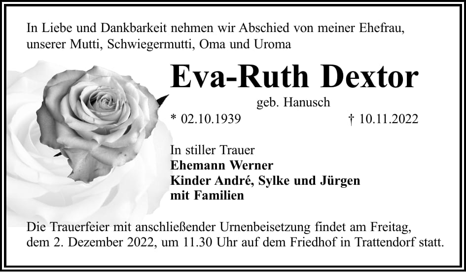 Traueranzeige Eva-Ruth Dextor, geb. Hanusch