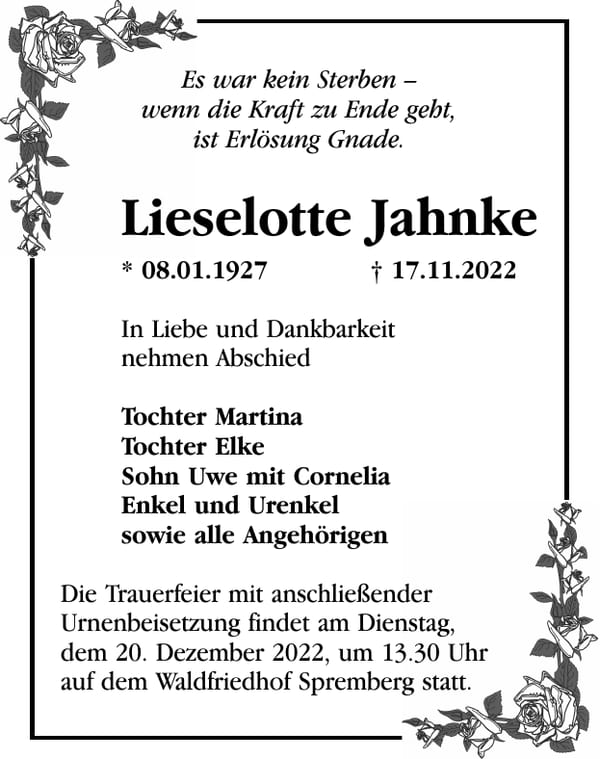 Traueranzeige Lieselotte Jahnke