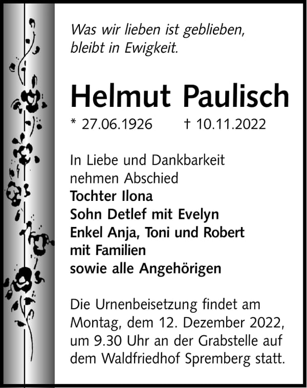 Traueranzeige Helmut Paulisch