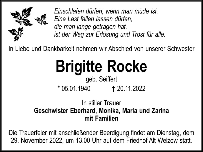 Traueranzeige Brigitte Rocke, geb. Seiffert