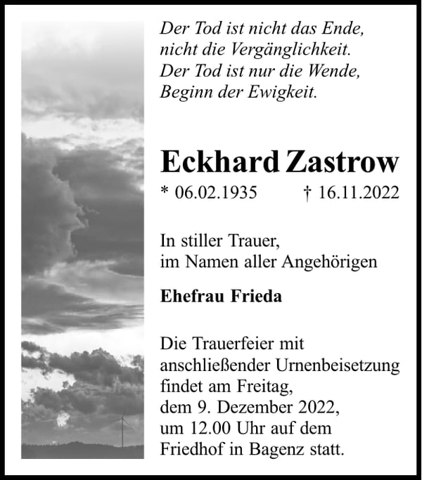 Traueranzeige Eckhard Zastrow