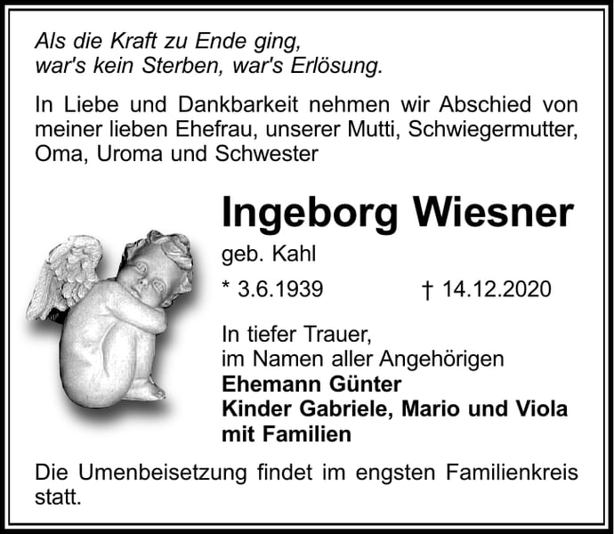 Traueranzeige Ingeborg Wiesner, geb. Kahl