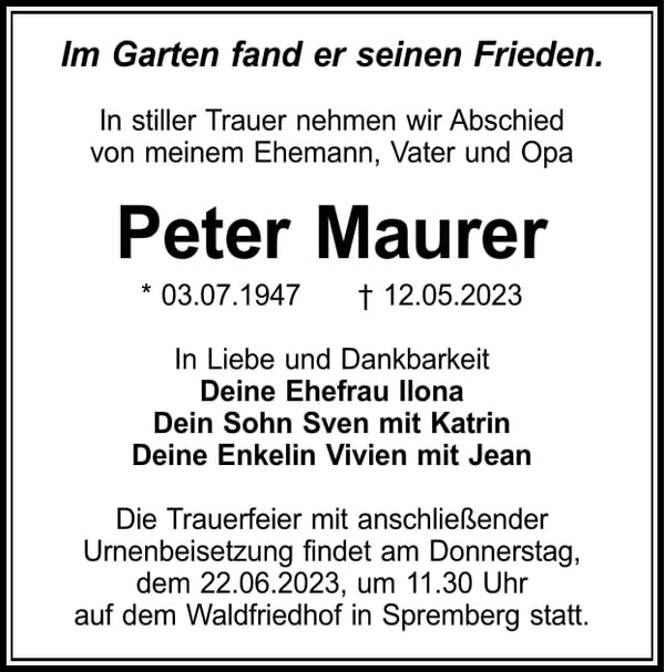 Traueranzeige Peter Maurer