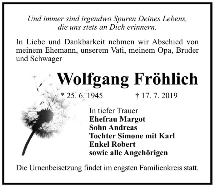 Traueranzeige Wolfgang Fröhlich