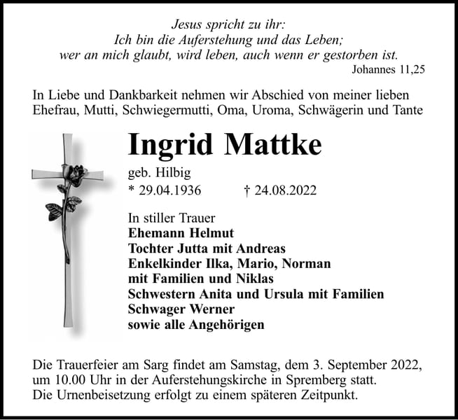 Traueranzeige Ingrid Mattke, geb. Hilbig