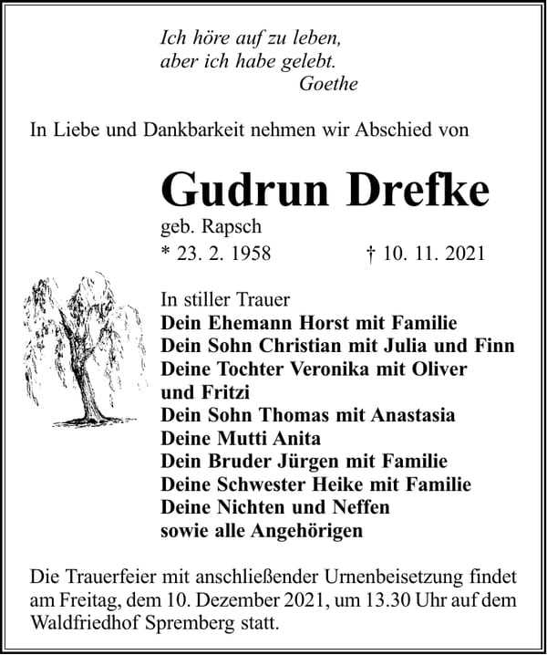 Traueranzeige Gudrun Drefke, geb. Rapsch
