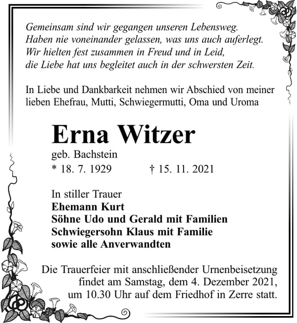 Traueranzeige Erna Witzer, geb. Bachstein