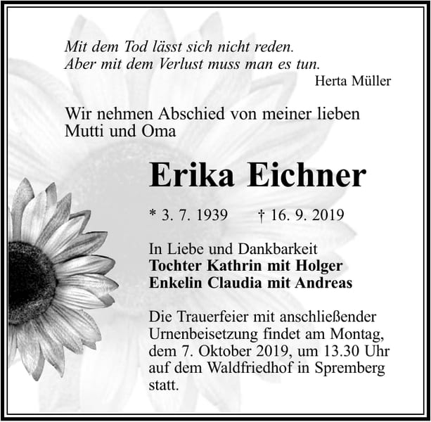 Traueranzeige Erika Eichner