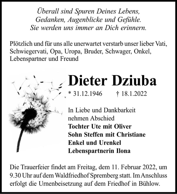 Traueranzeige Dieter Dziuba