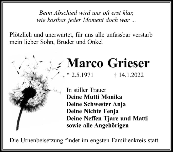 Traueranzeige Marco Grieser