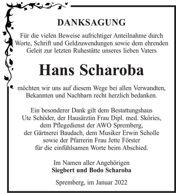 Danksagung Hans Scharoba