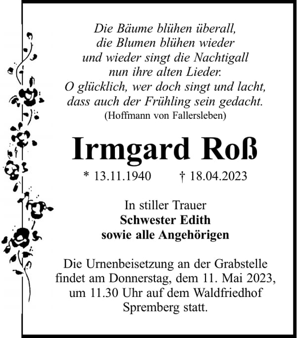 Traueranzeige Irmgard Roß