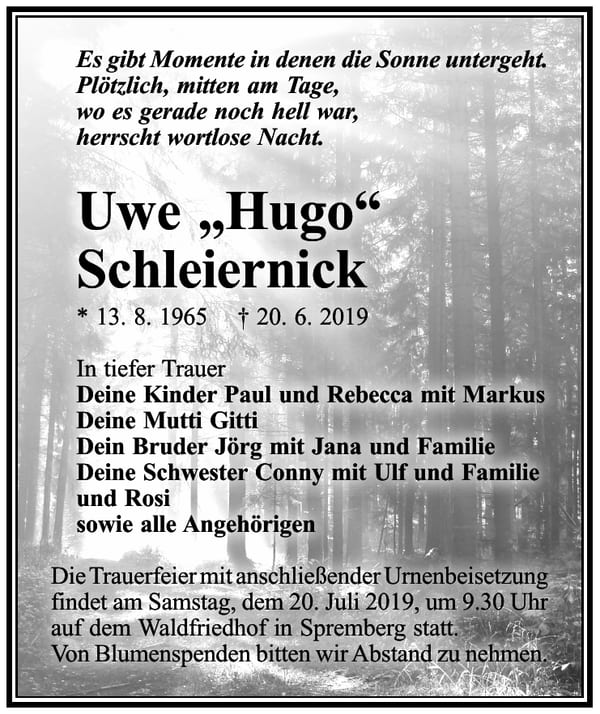 Traueranzeige Uwe „Hugo“ Schleiernick