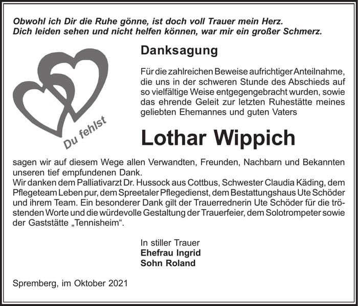 Danksagung Lothar Wippich