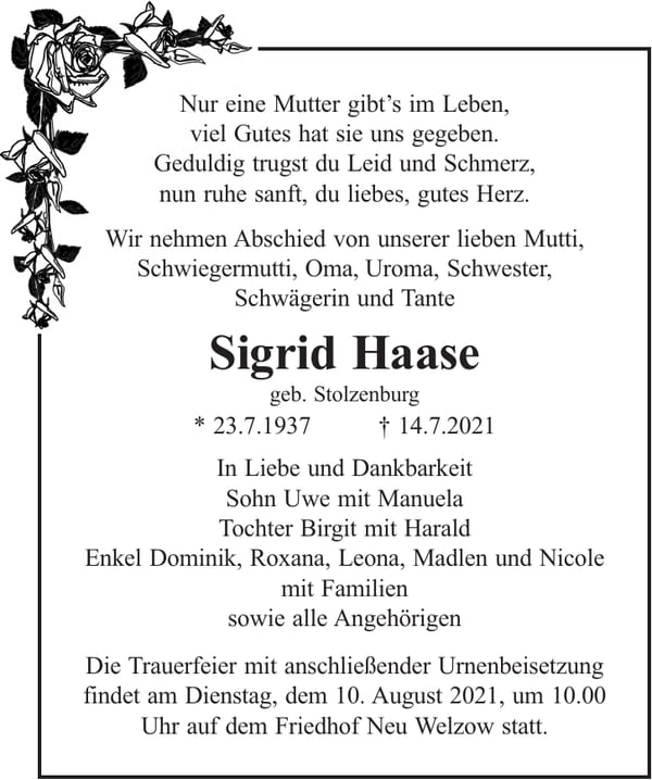 Traueranzeige Sigrid Haase, geb. Stolzenburg